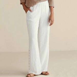 NWT Soft Surroundings Oceo Gauze Wide Leg Button Hem Pant Ivory Pearl Medium